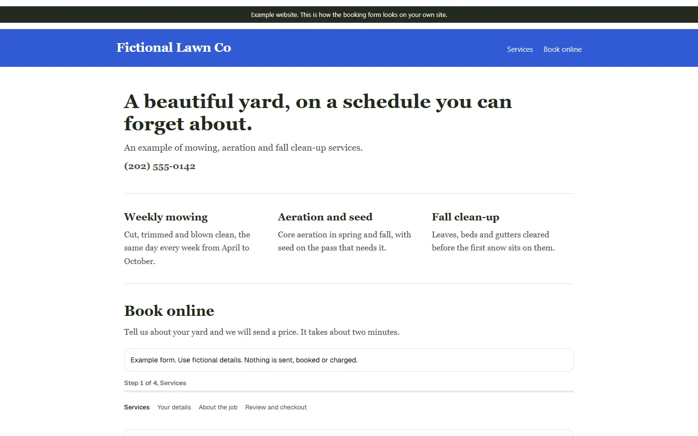 A sample lawn-care website with the booking form embedded by one line.