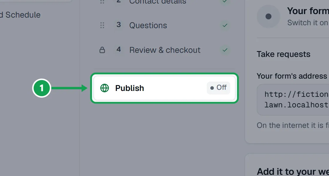 Step 1: Open Form and choose Publish. The part to press is outlined in green.