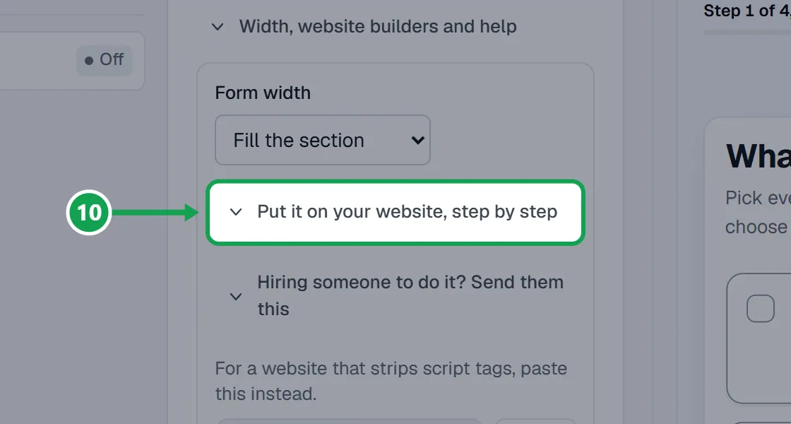 Step 10: Open Put it on your website, step by step and find your builder. The part to press is outlined in green.