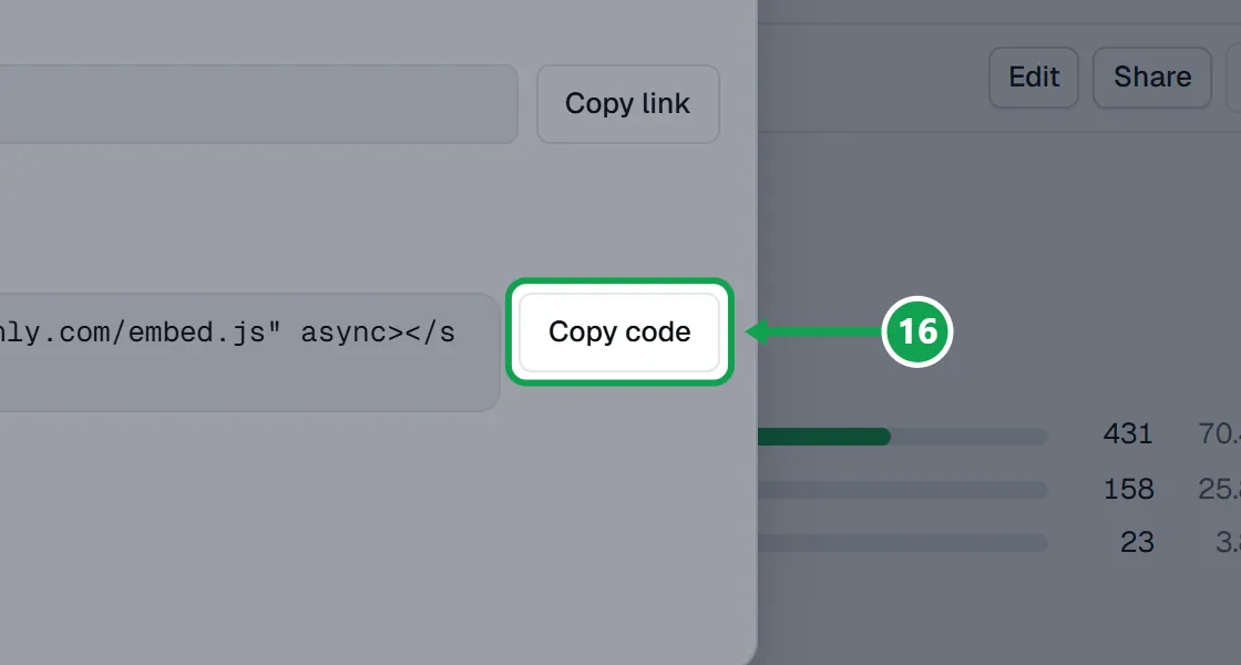 Step 16: Press Copy link to share it, or Copy code for the line to paste on your website. The line names the form, so each form can go on its own page. The part to press is outlined in green.