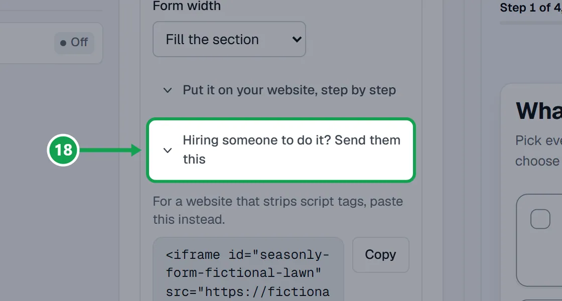 Step 18: Open Width, website builders and help, then Hiring someone to do it? Send them this. The part to press is outlined in green.