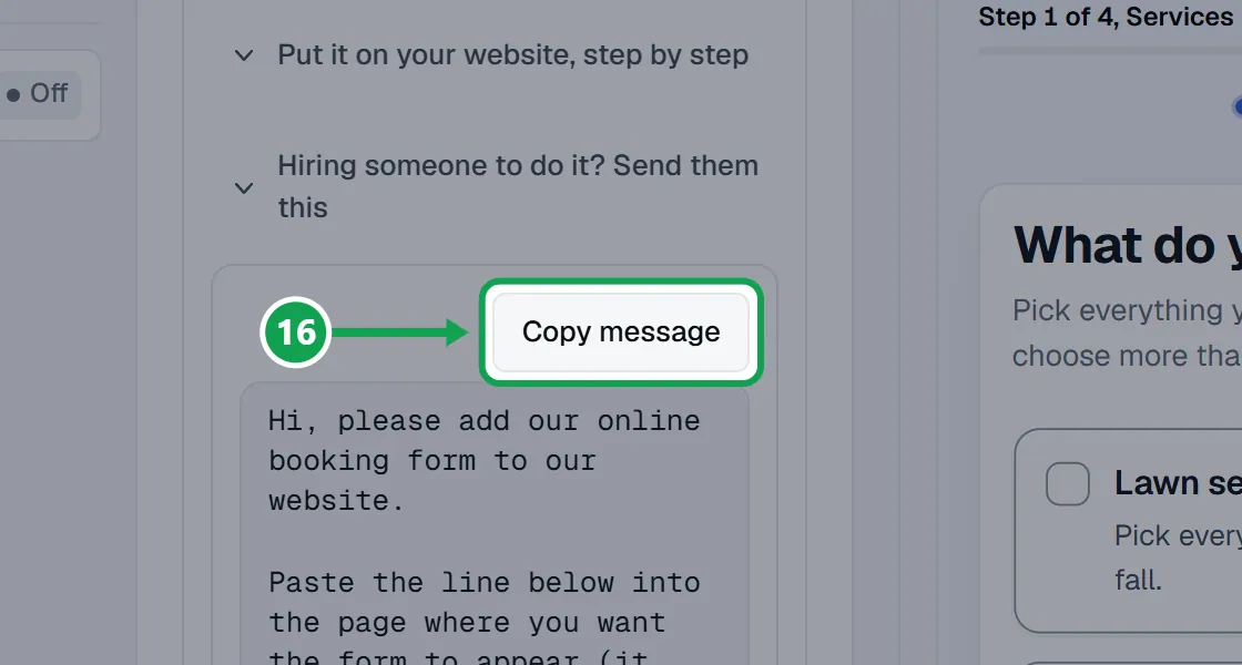 Step 19: Press Copy message and send it to them. It holds the line and a longer version for sites that block scripts. The part to press is outlined in green.