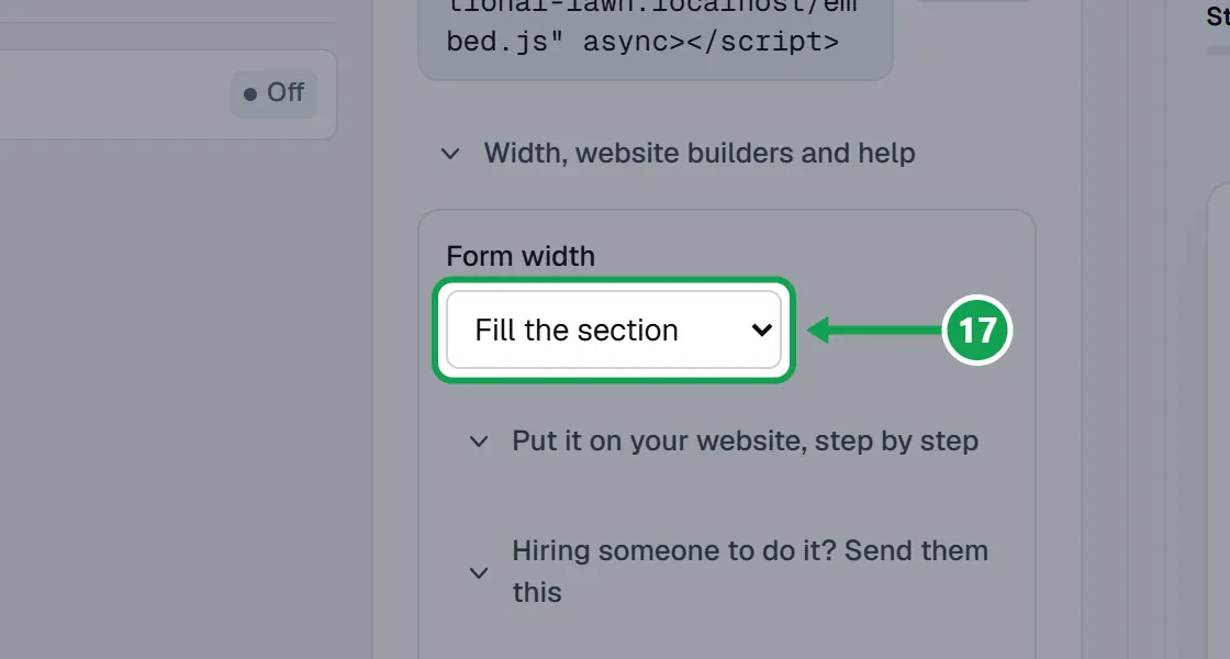 Step 20: In Width, website builders and help, set Form width to A maximum width and type the Maximum width in pixels (320 to 1600). The part to press is outlined in green.