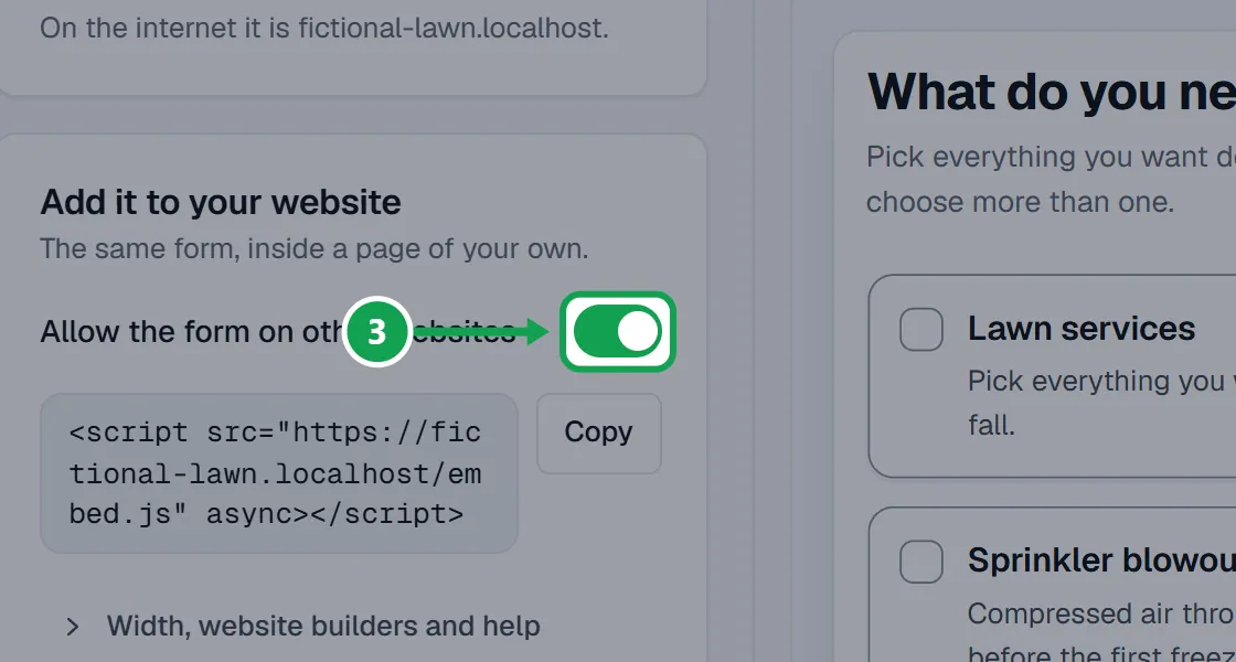 Step 3: Under Add it to your website, turn on Allow the form on other websites and press Save changes. The part to press is outlined in green.