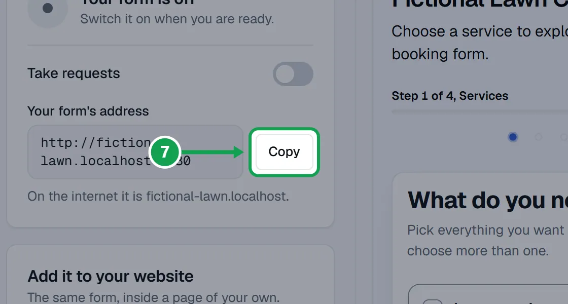 Step 7: On Publish, press Copy under Your form's address. Or press Share at the top of any form page. The part to press is outlined in green.