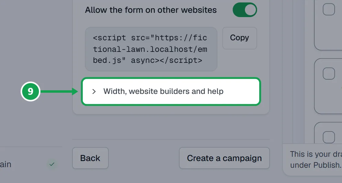 Step 9: Open Width, website builders and help under the line of code. The part to press is outlined in green.