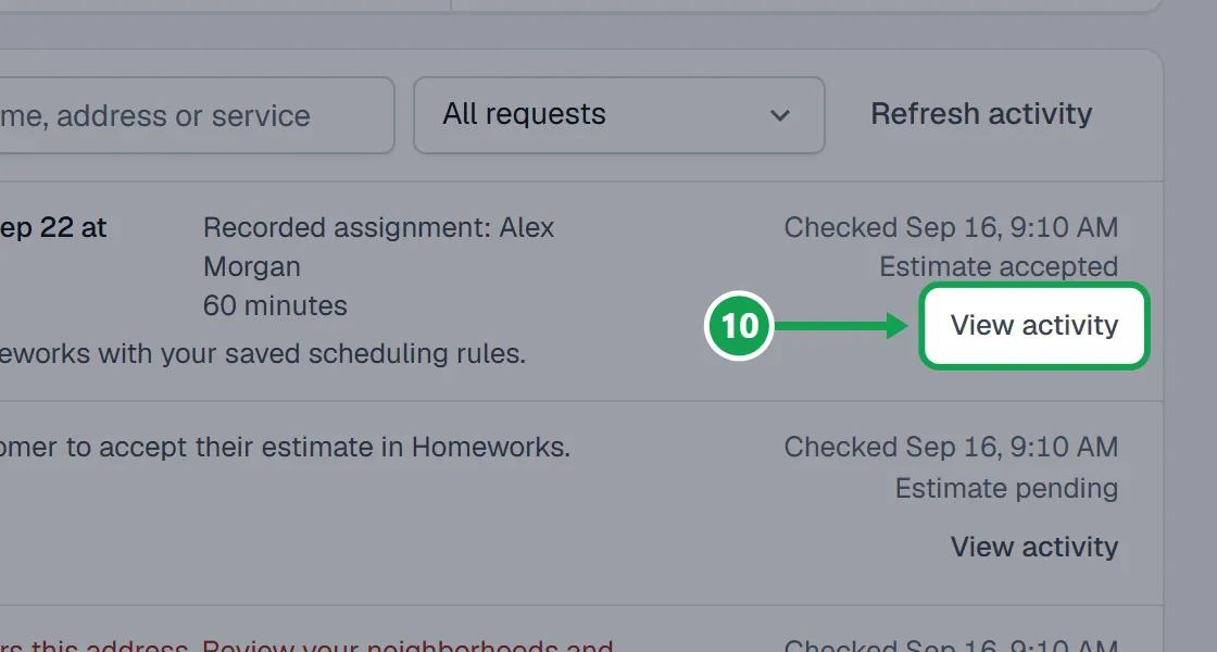 Step 10: Press View activity on a request to see its latest check and the visit it booked or would book. The part to press is outlined in green.