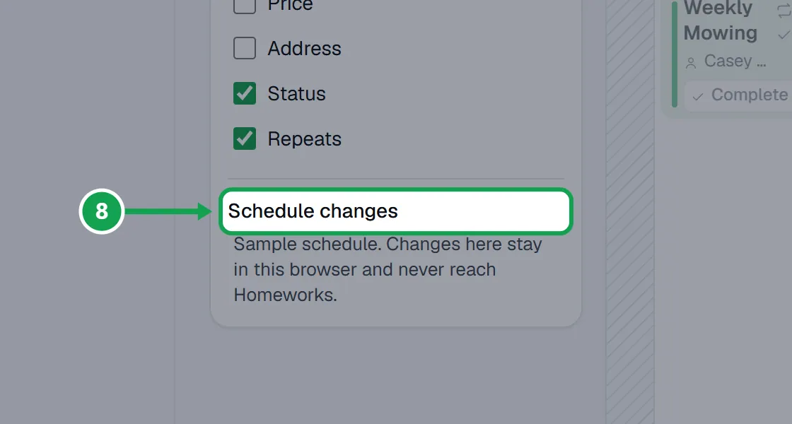 Step 8: The same permission is Let Seasonly change my schedule under Schedule changes on the Schedule tab. If a yellow bar says Rules are on, but nothing is booking., press Turn on. The part to press is outlined in green.