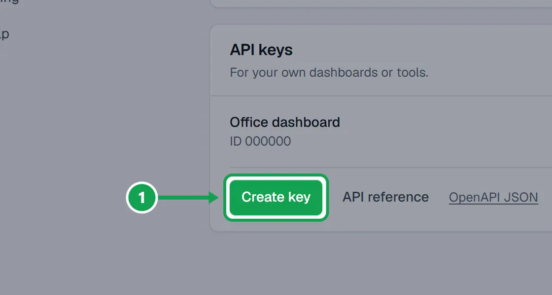 Step 1: Open Settings, choose AI & API, and on the API keys card press Create key. The part to press is outlined in green.