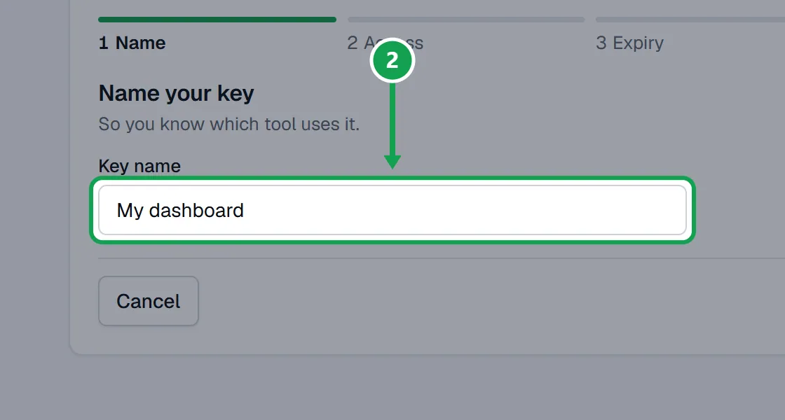 Step 2: Name your key: type a Key name, like the tool it is for, and press Next. The part to press is outlined in green.