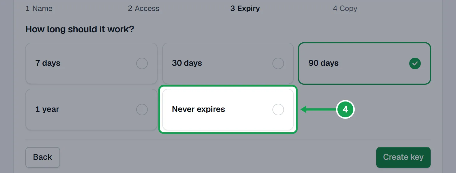 Step 4: How long should it work?: pick 7 days, 30 days, 90 days, 1 year or Never expires, then press Create key. The part to press is outlined in green.