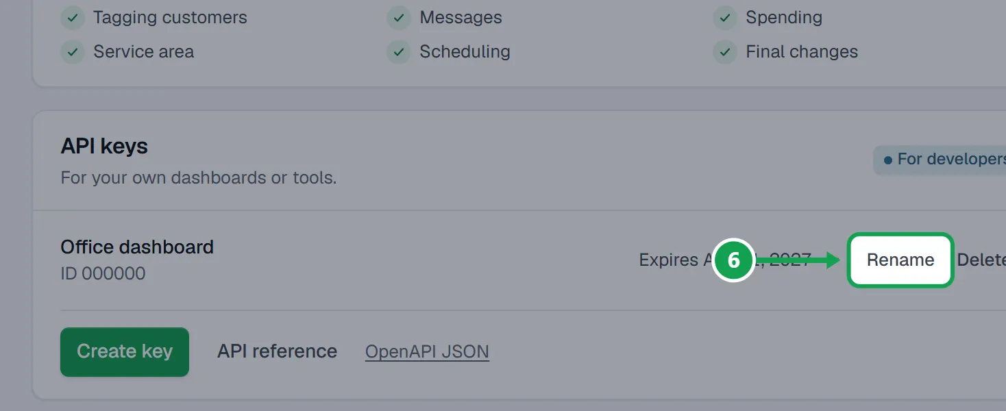 Step 6: Under API keys, press Rename beside the key. The part to press is outlined in green.