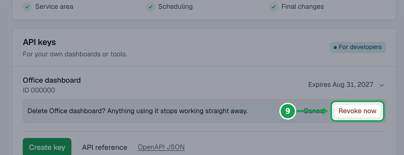 Step 9: Press Revoke now. Anything using it stops working straight away, and the row says Deleted. The part to press is outlined in green.