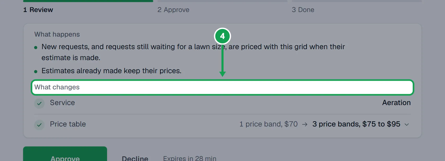 Step 4: Read What happens and What changes. Tap a row with an arrow to see the whole list. The part to press is outlined in green.