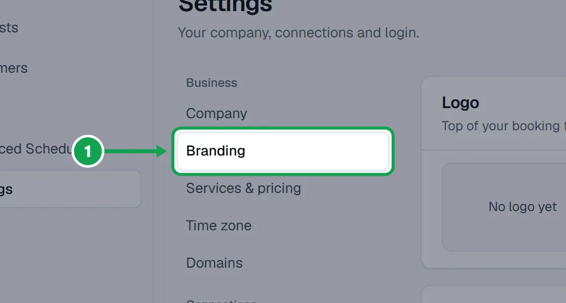 Step 1: Open Settings and choose Branding. The Branding & domain link at the bottom of the form builder opens the same page. The part to press is outlined in green.