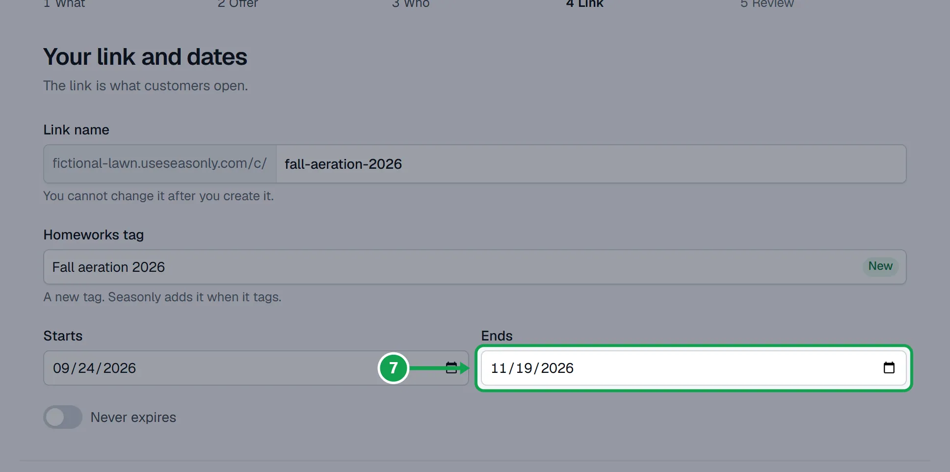 Step 7: Set Starts and Ends. They start as today and 8 weeks from today. The part to press is outlined in green.