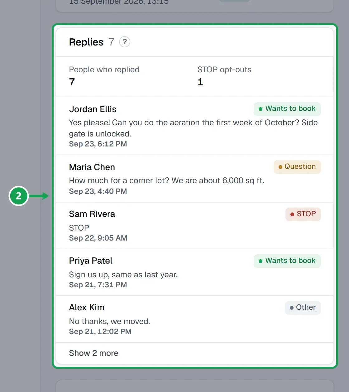 Step 2: Open the campaign. The Replies card shows People who replied, STOP opt-outs and the newest replies. The part to press is outlined in green.