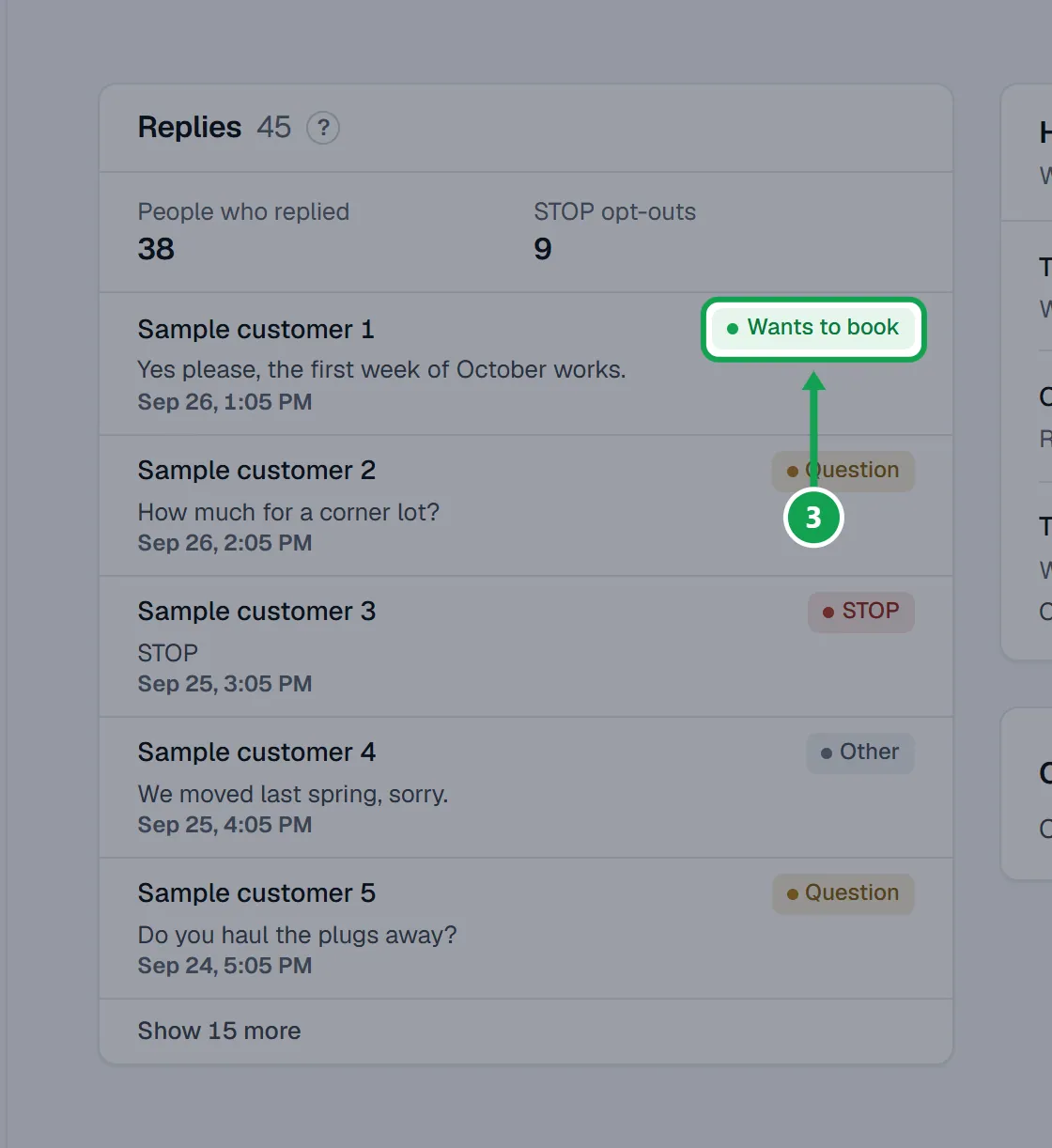 Step 3: Each reply has a label: Wants to book, Question, STOP, Opted back in or Other. Labels are a quick reading of the words, so read the text before you act. The part to press is outlined in green.