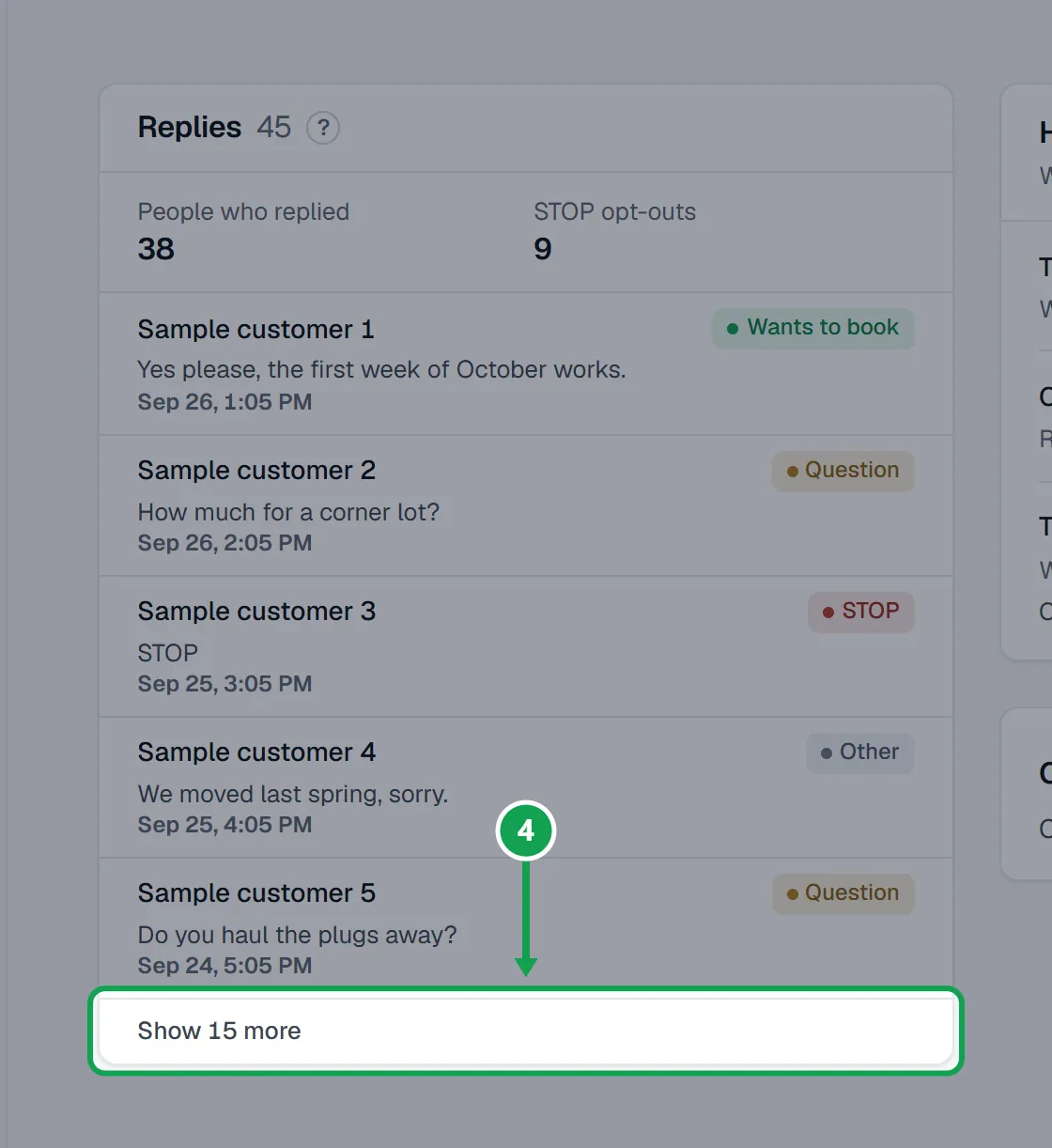 Step 4: Press the Show more button under the list to read further back, twenty at a time. The part to press is outlined in green.