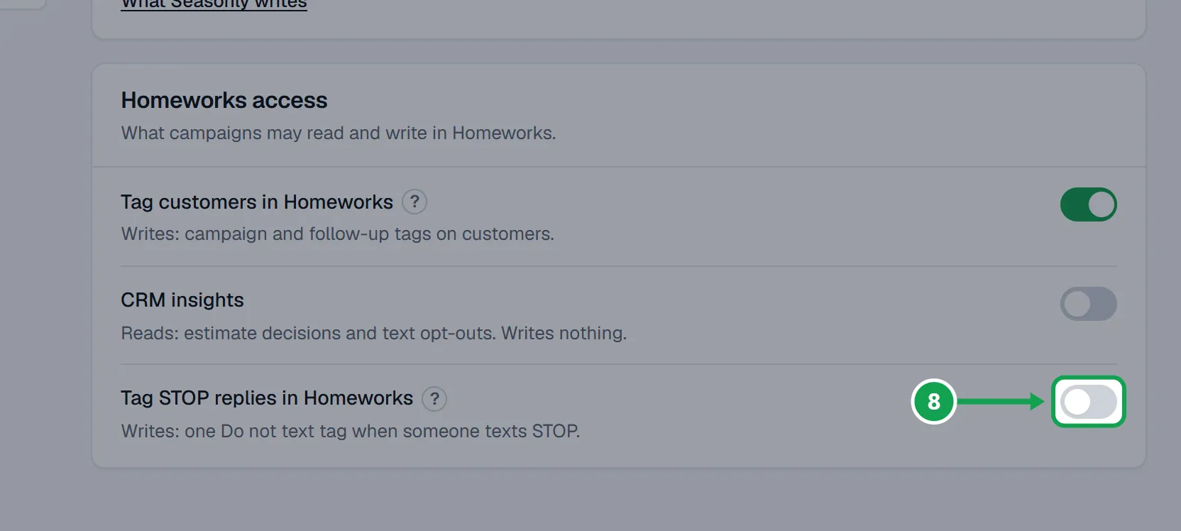 Step 8: Under Homeworks access, turn on Tag STOP replies in Homeworks. The part to press is outlined in green.