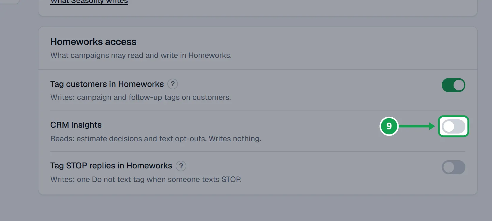 Step 9: Keep CRM insights on too, so Seasonly can see the STOP replies. The part to press is outlined in green.