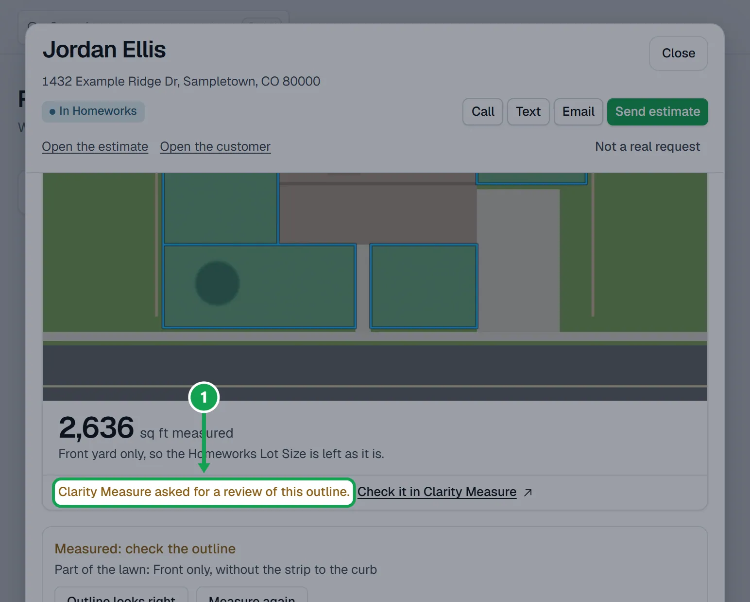 Step 1: Open the request on Requests. The photo says Clarity Measure asked for a review of this outline, and the size is already used for the draft estimate. The part to press is outlined in green.