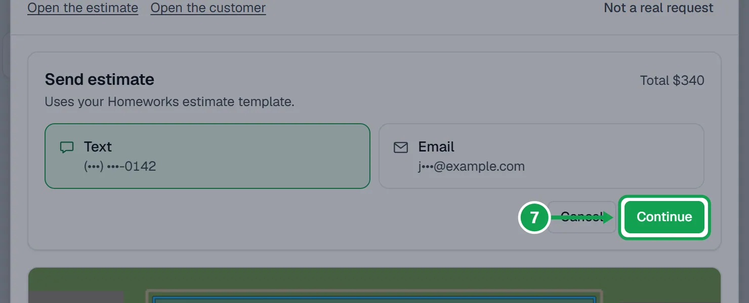 Step 7: Pick Text or Email and press Continue. The part to press is outlined in green.
