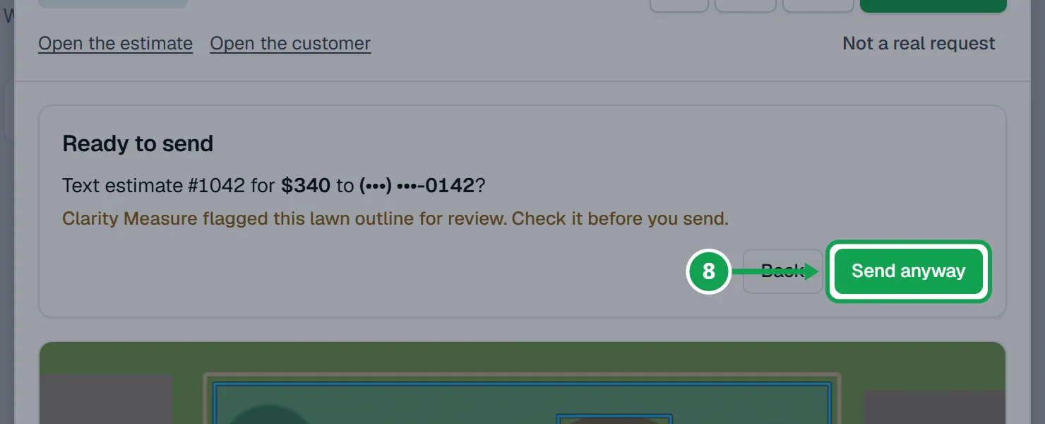 Step 8: The last step says the outline was flagged for review and the button says Send anyway. Press it only if you have checked the outline and the prices. The part to press is outlined in green.