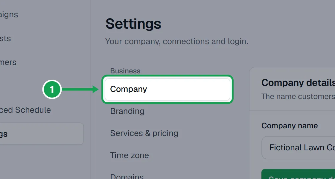 Step 1: Open Settings. It opens on Company. The part to press is outlined in green.