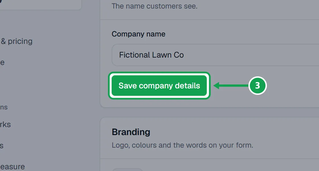 Step 3: Press Save company details. The name changes in Seasonly and on your booking form. The part to press is outlined in green.