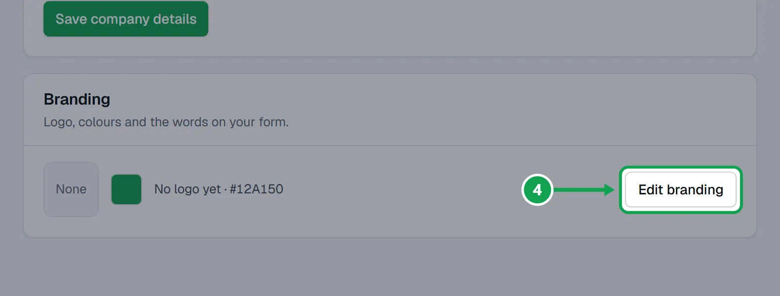 Step 4: For the logo, press Edit branding on the Branding card. The part to press is outlined in green.