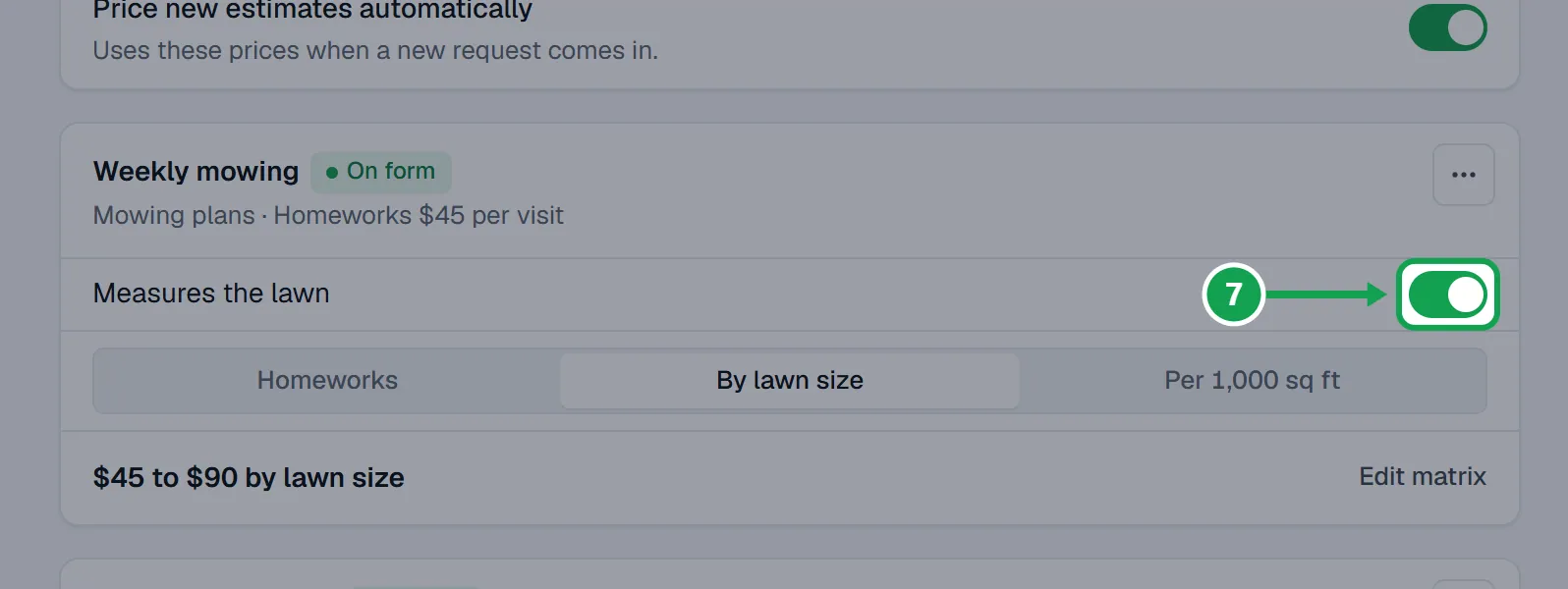 Step 7: On each service, turn Measures the lawn on or off. The part to press is outlined in green.
