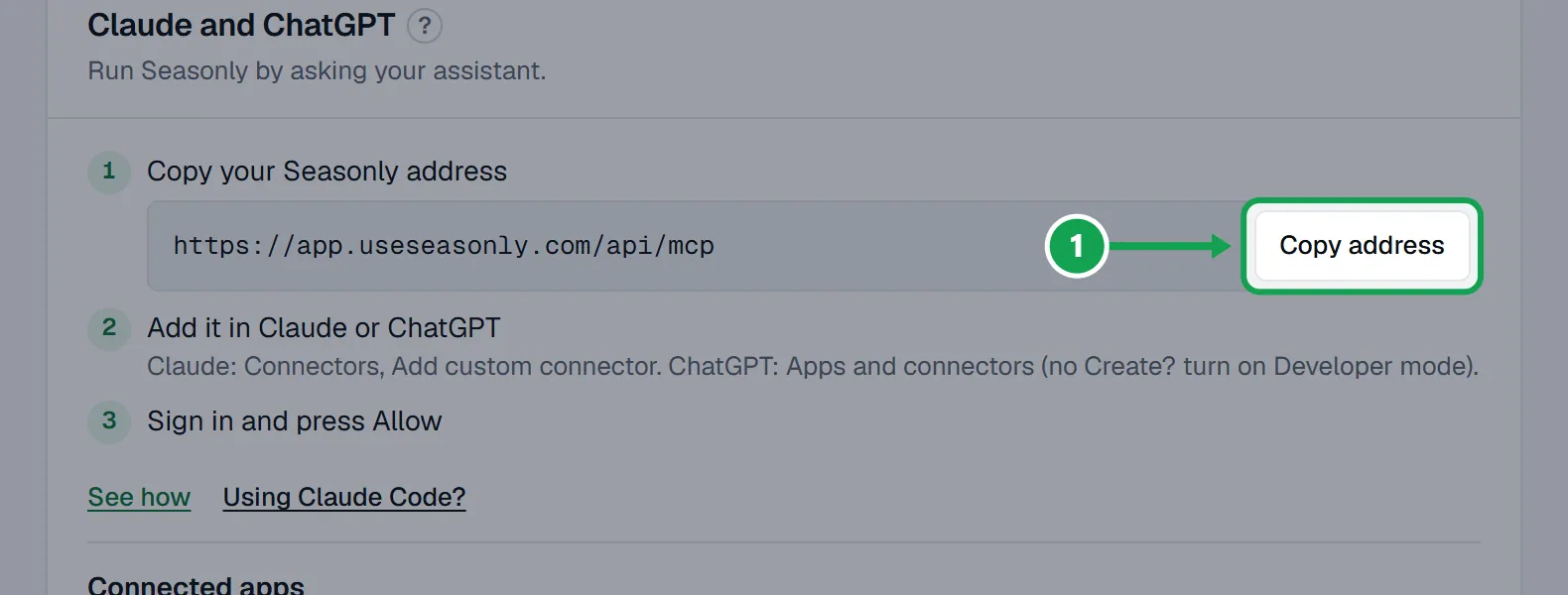 Step 1: In Seasonly, open Settings, choose AI & API, and under Copy your Seasonly address press Copy address. The part to press is outlined in green.