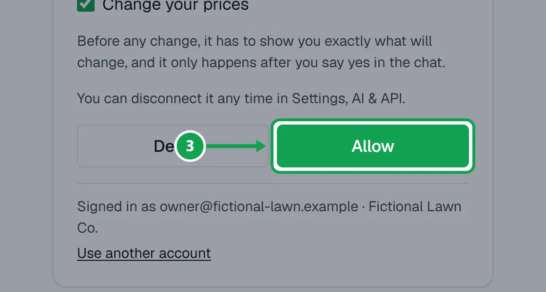 Step 3: Sign in to Seasonly if asked. On Connect an app to Seasonly?, read what it will be able to do and press Allow. The part to press is outlined in green.