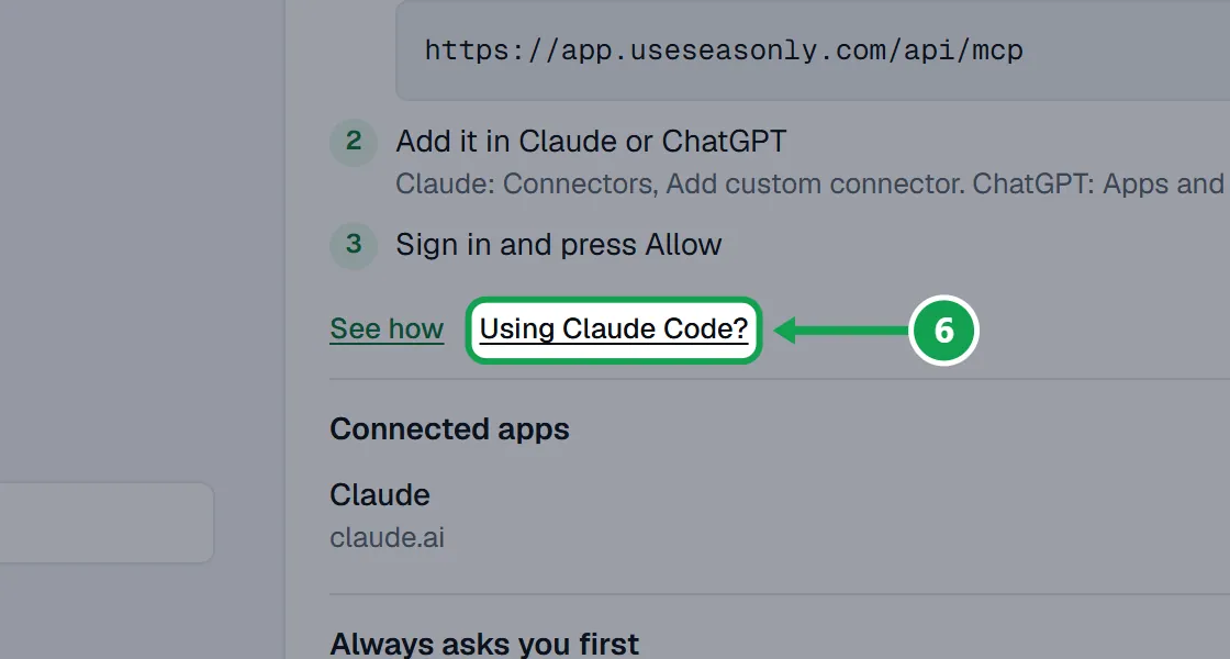 Step 6: On AI & API, open Using Claude Code? and copy the command it shows. The part to press is outlined in green.