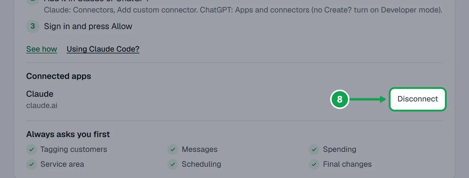Step 8: On AI & API, under Connected apps, press Disconnect beside the app. The part to press is outlined in green.