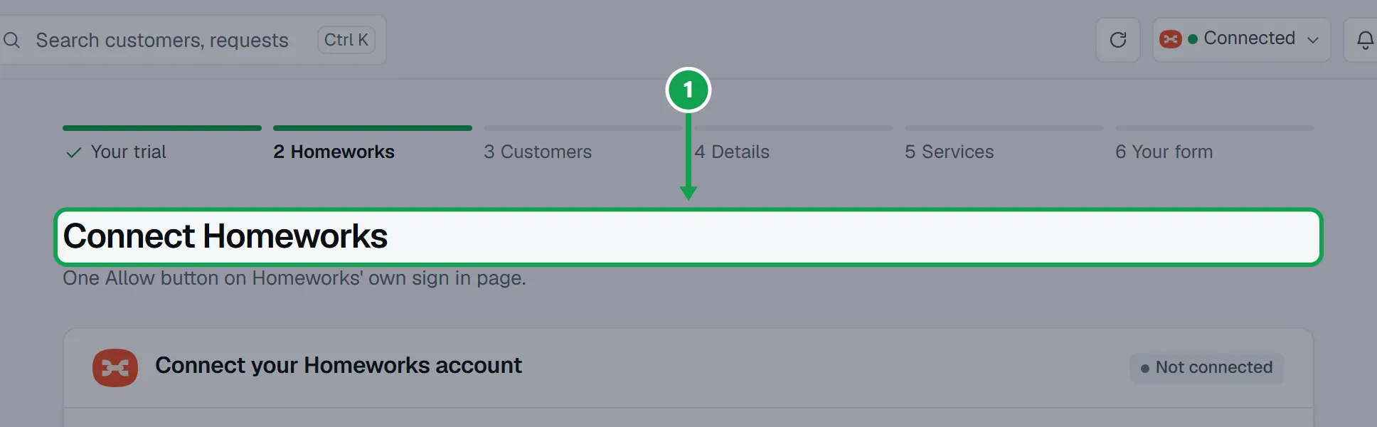 Step 1: Start from the set-up wizard's Connect Homeworks step, or open Settings, choose Homeworks and press Open connection. The part to press is outlined in green.