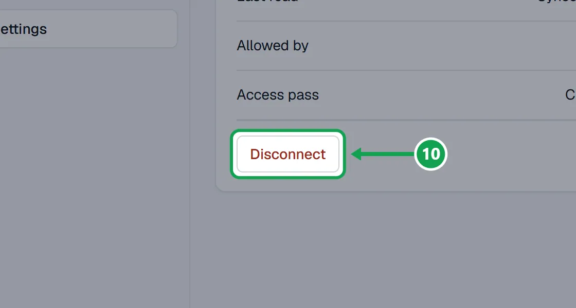 Step 10: Press Open connection on the Homeworks card, then press Disconnect. The part to press is outlined in green.