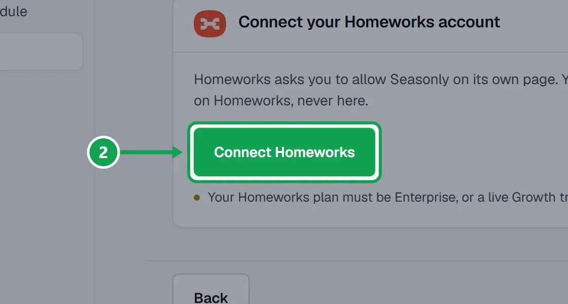 Step 2: Press Connect Homeworks. Homeworks opens its own sign in page. The part to press is outlined in green.