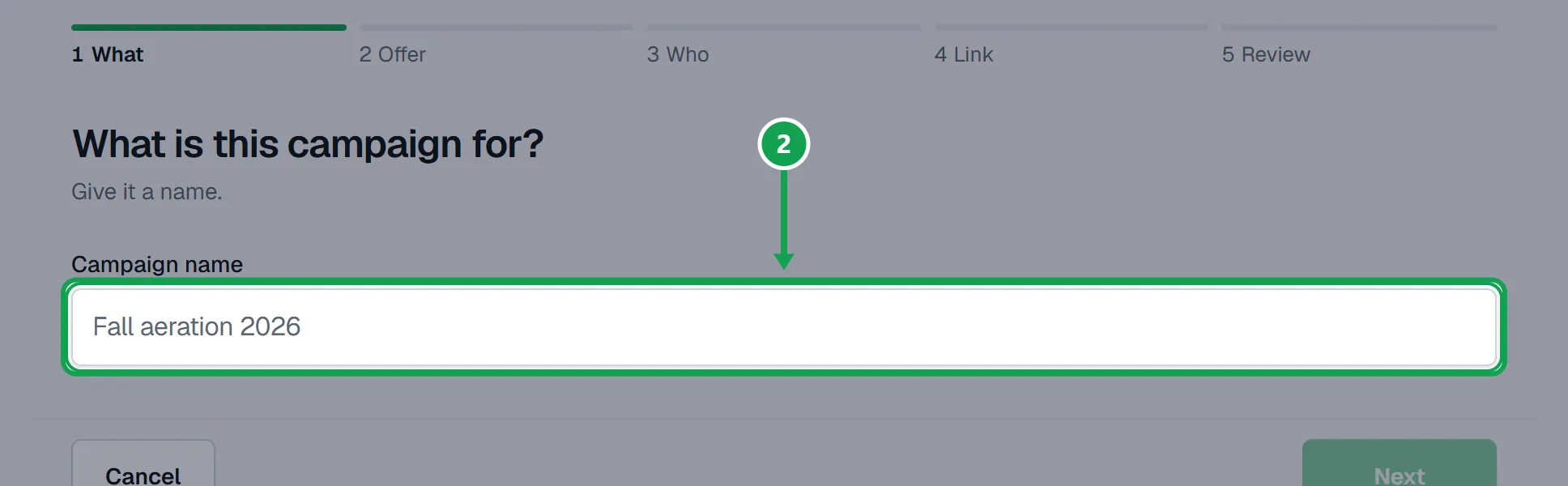 Step 2: What: type the Campaign name, like Fall aeration 2026, and press Next. The part to press is outlined in green.