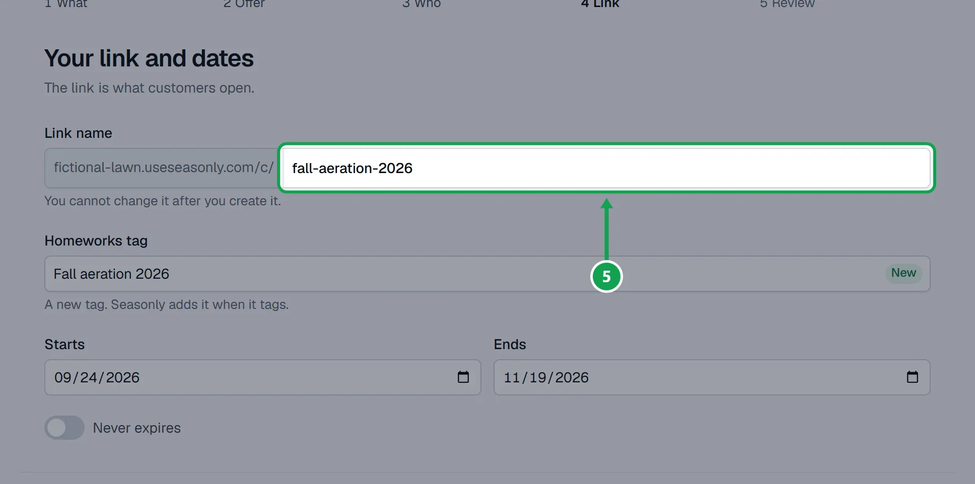 Step 5: Link: check the Link name and the Homeworks tag, set Starts and Ends (or turn on Never expires), and press Next. The part to press is outlined in green.