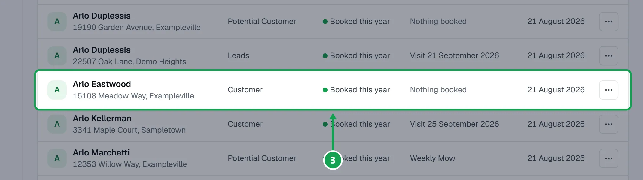 Step 3: Press a customer to see their Contact information, Schedule & recurring services and Service history. The part to press is outlined in green.