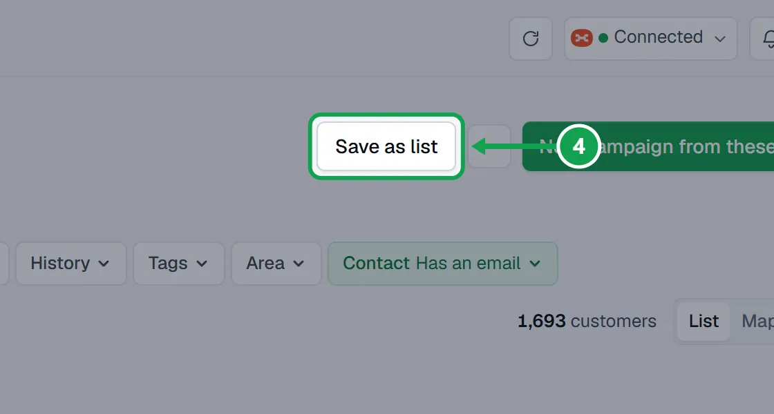 Step 4: To keep a filter, stay on List and press Save as list. The part to press is outlined in green.