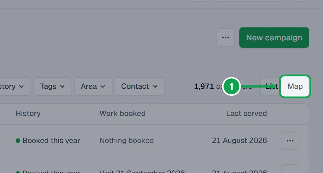 Step 1: Open Customers and switch to Map. The part to press is outlined in green.