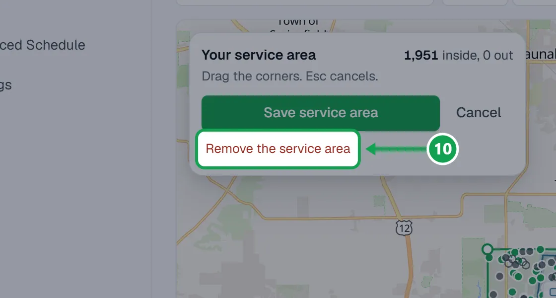 Step 10: Open the ... menu on Customers, choose Edit service area, then press Remove the service area. The part to press is outlined in green.