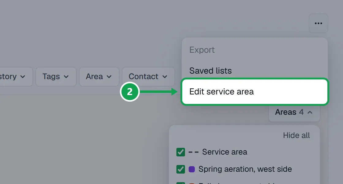 Step 2: Open the ... menu at the top of Customers and choose Draw your service area, or Edit service area if you have one. With no area yet, the map card also offers Draw your service area. The part to press is outlined in green.