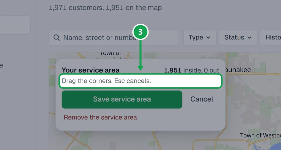 Step 3: Click the map to add corners round where you work, and click the first corner to close the shape. Esc cancels. The part to press is outlined in green.