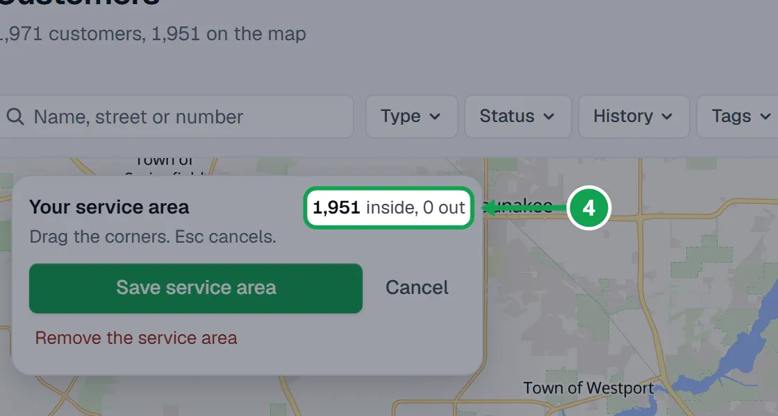Step 4: Drag any corner to move it. The card counts how many of your customers are inside and out. The part to press is outlined in green.