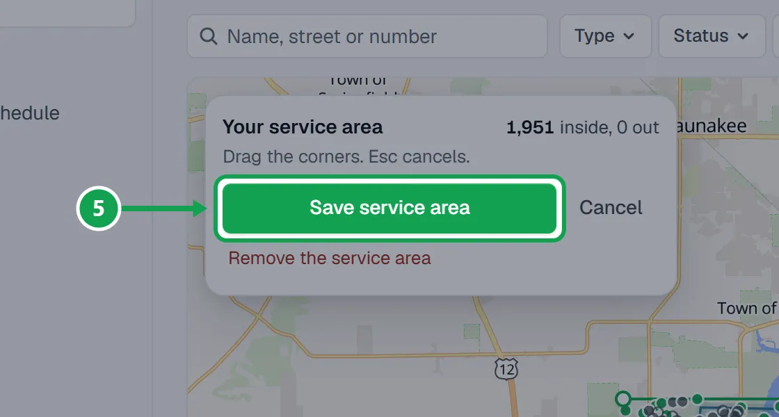 Step 5: Press Save service area. The part to press is outlined in green.