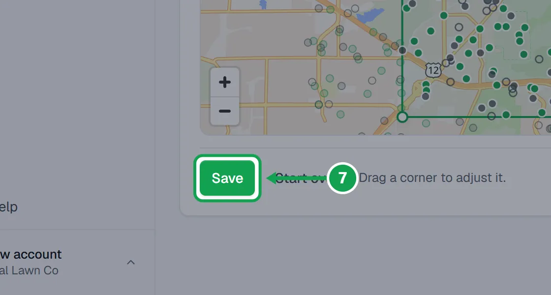 Step 7: Open the link. Tap the map to add corners, drag a corner to adjust it, and press Save. Start over clears it. The part to press is outlined in green.